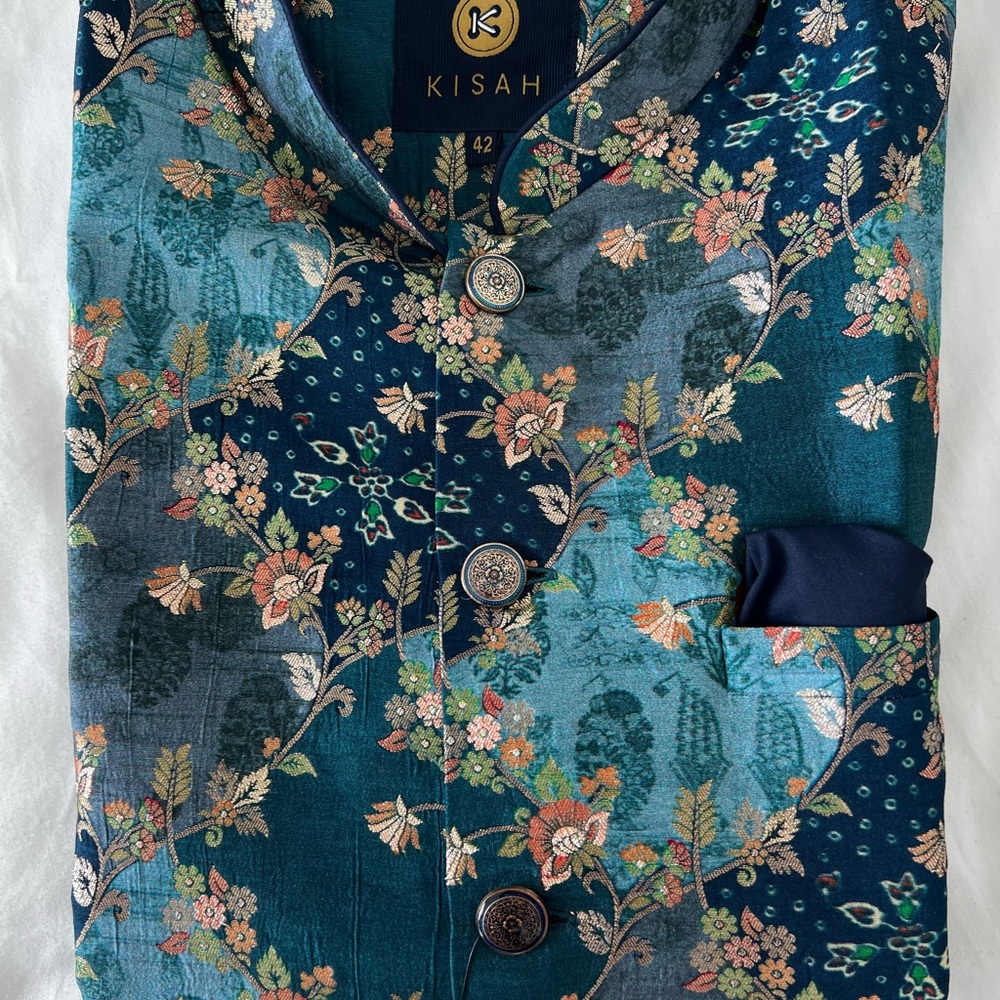 Kisah Floral Blue Men’s Nehru Waistcoat Jacket 44 XL